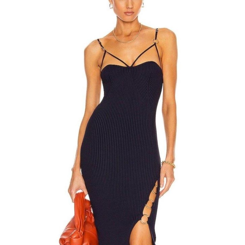 NICHOLAS Jules Ribbed Cage Midi Dress Navy Blue XS (fits S size girls as well!)